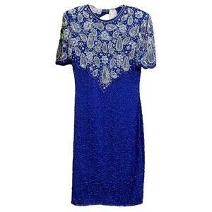 Vtg Laurence Kazar Cocktail Dress • Blue Silver Silk Beaded Sequined Keyhole
